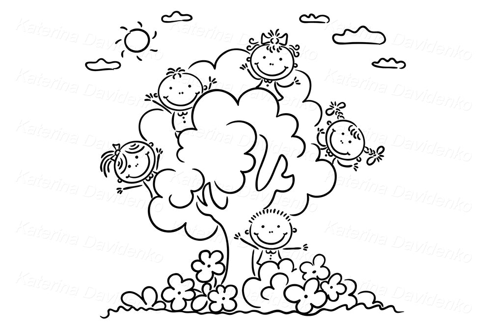 Kids Playing in Tree Clipart – Outdoor Activities Cartoon Illustration