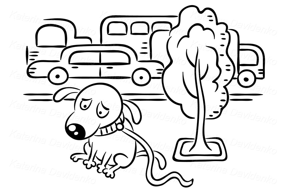Sad Dog Cartoon Clipart – Lost Pet Illustration with Traffic Scene