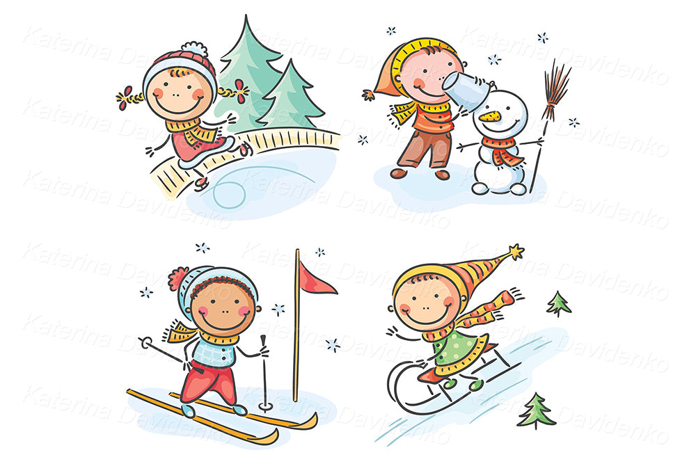 Kids winter outdoors activities clipart