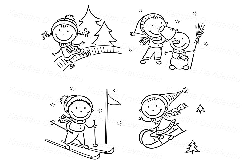 Winter Kids Clipart – Ice Skating, Skiing, Sledding & Snowman Fun in Cute Hand-Drawn Style