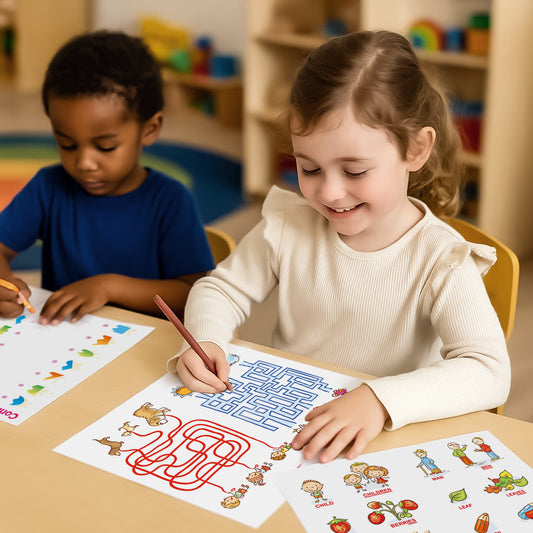Kids using worksheets with cliparts in kindergarten