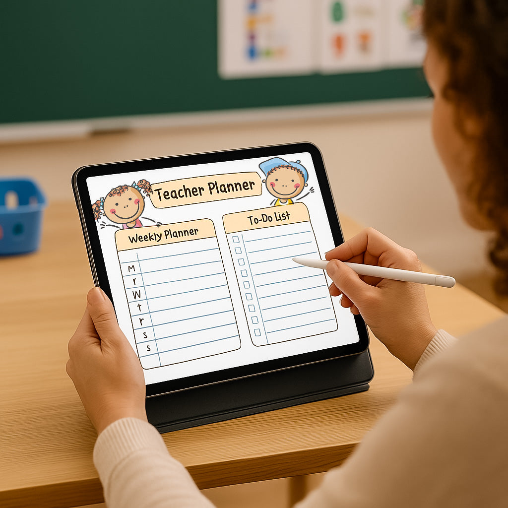 teacher using digital planner with kids cliparts