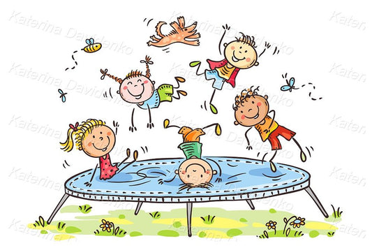  funny doodle kids jumping on trampoline, cartoon clipart