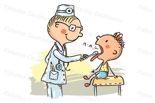 Cartoon doctor examining boy's throat illustration