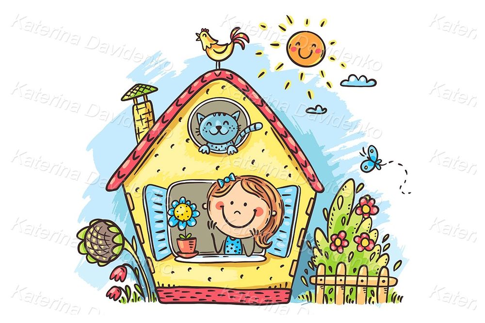 Cartoon girl in a cute house illustration
