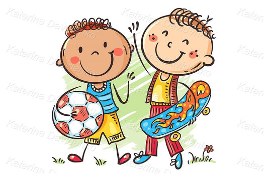 Illustration cartoon boys with skateboard and soccer ball, active outdoor games