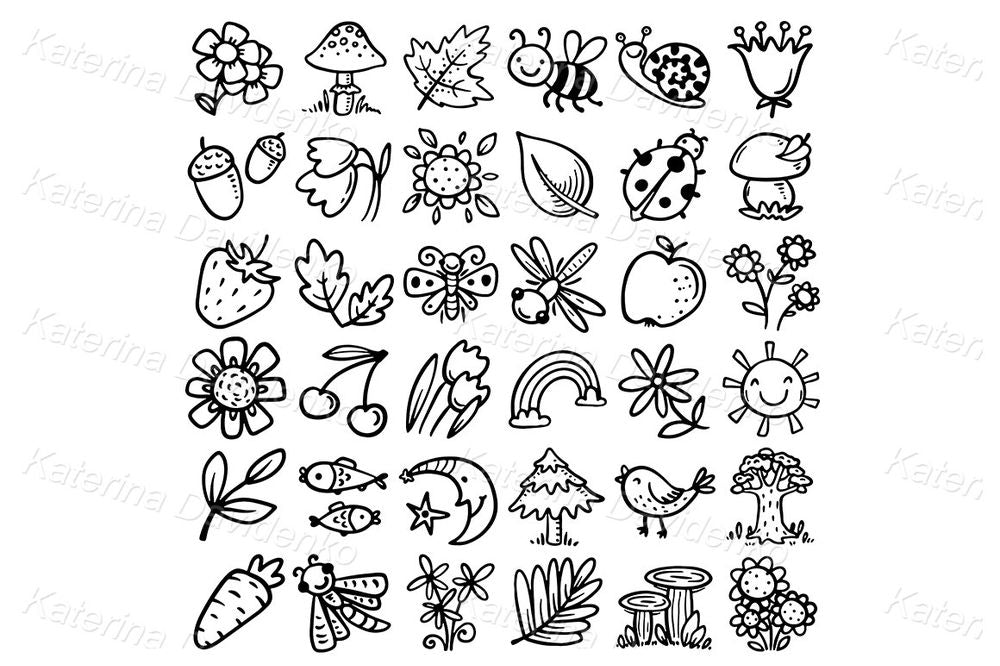 Cartoon Nature Icons Clipart – Hand-Drawn Leaves, Bugs & Flowers for DIY Crafts, Journals & Educational Resources