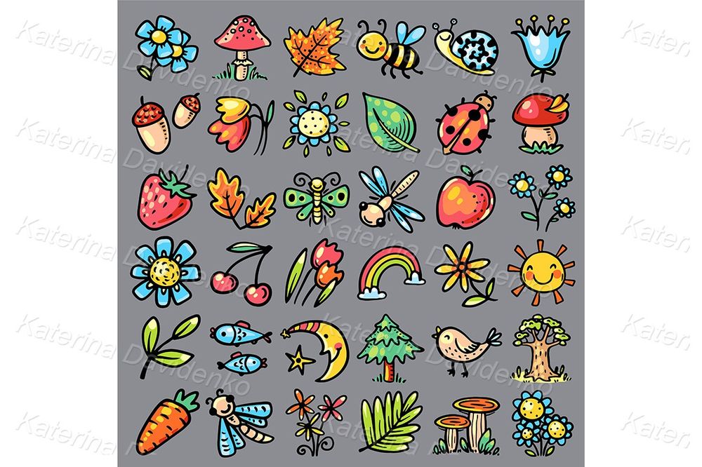 Nature pattern with hand drawn colored leaves, herbs, flowers, insects, animals and other objects