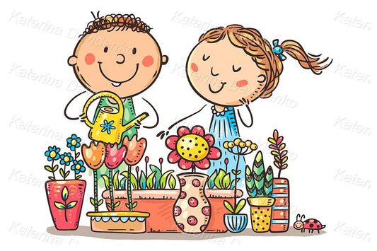 Illustration of family watering flowers, gardening clipart