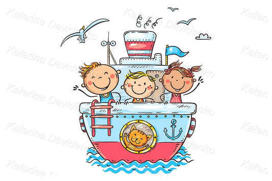 happy kids on a cruise ship vector illustration