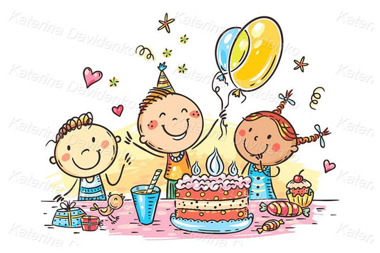 Cartoon kids birthday party with a big cake illustration