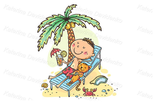 Cartoon child sunbathing at the beach under a palm tree illustration