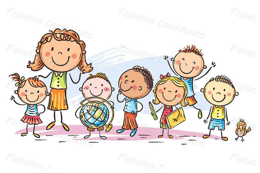 schoolkids with their teacher, cartoon illustration