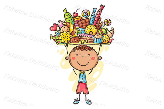 Cartoon boy holding sweets and pastry clipart