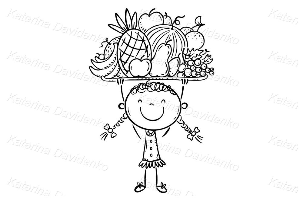 Girl Holding Fruit Basket – Cute Cartoon Vector for Nutrition Lessons or Healthy Eating Crafts