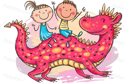 Illustration of happy children riding a fairytale red dragon