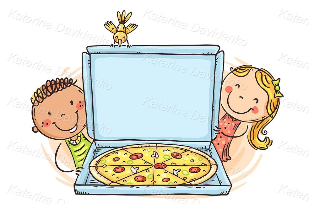Doodle happy kids with pizza with a blank space clipart