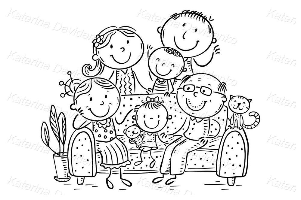 Multigenerational Family Portrait – Cute Hand-Drawn Cartoon for Kids