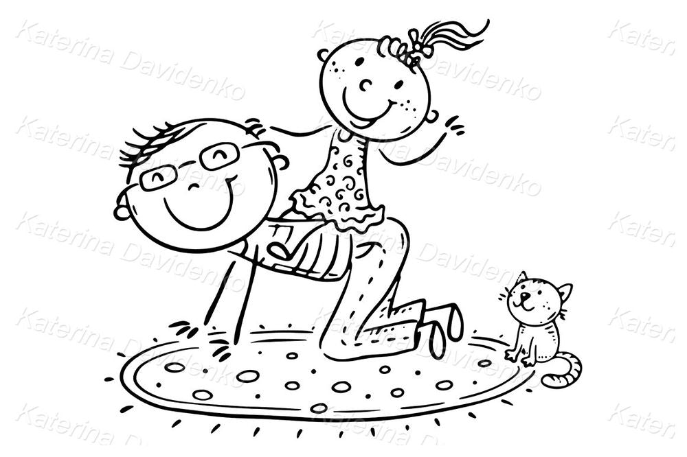 Cute hand-drawn kids illustration of happy playtime with dad