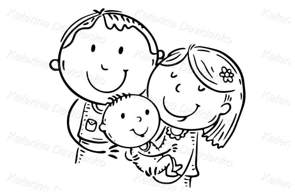 Happy Family with Baby – High-res Cartoon Drawing of Parents and Child