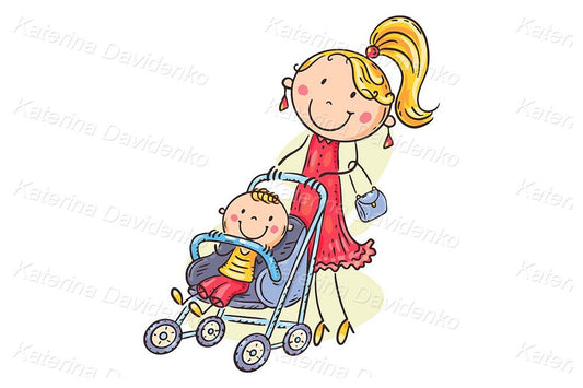 Illustration of a mom walking with her son in a baby stroller