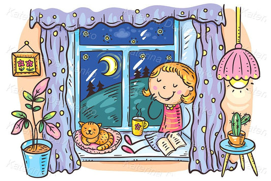 cartoon girl on a cozy night illustration