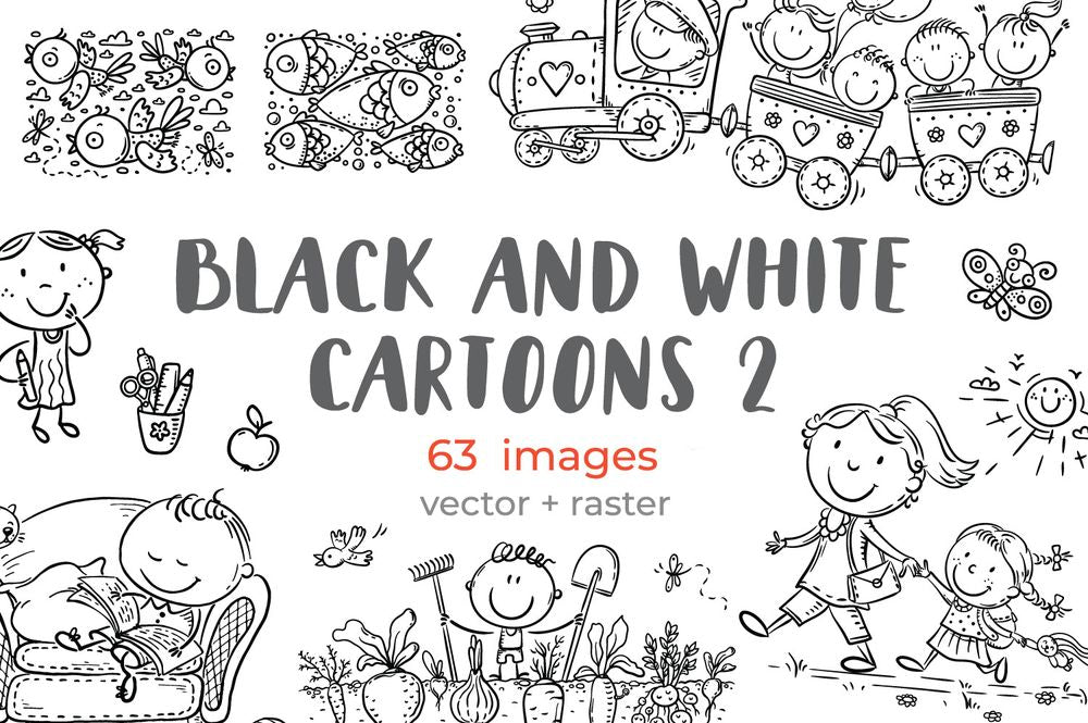 Line drawing black and white cartoon clipart bundle