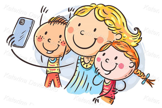 Cartoon family clipart. Makig selfie doodle drawing