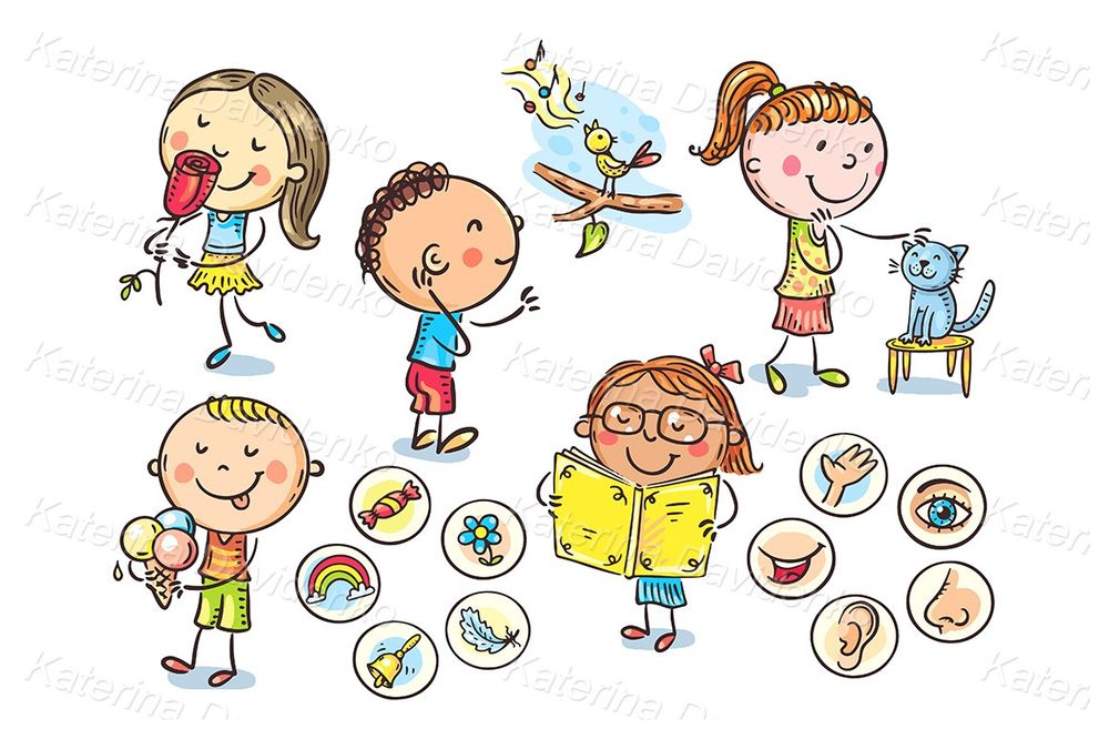 Cartoon kids illustrating five senses clipart set