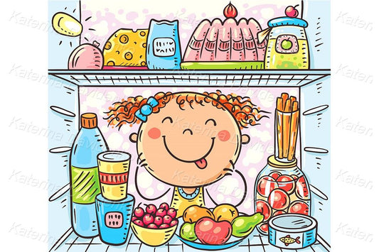 Cartoon girl looking inside fridge with food illustration