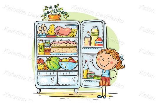 Cartoon kid and fridge with food, healthy eating or cooking concept, drawing, clipart