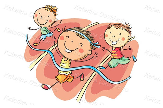 Cartoon boy winning running competition, sport clipart
