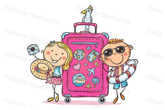 Illustration of kids traveling with suitcase, vacation clipart
