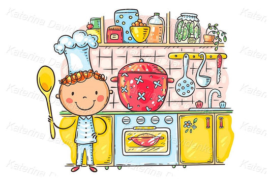 Cartoon kid as chief cooking in the kitchen vector illustration