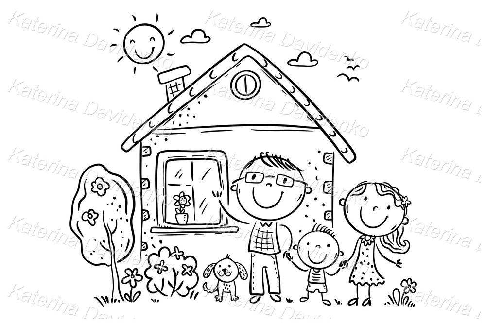 Happy Family with a Boy near House Clipart – Cute Vector for Family Designs