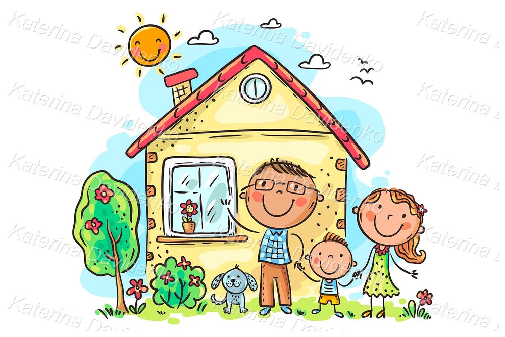 Happy cartoon family with one child  near house illustration