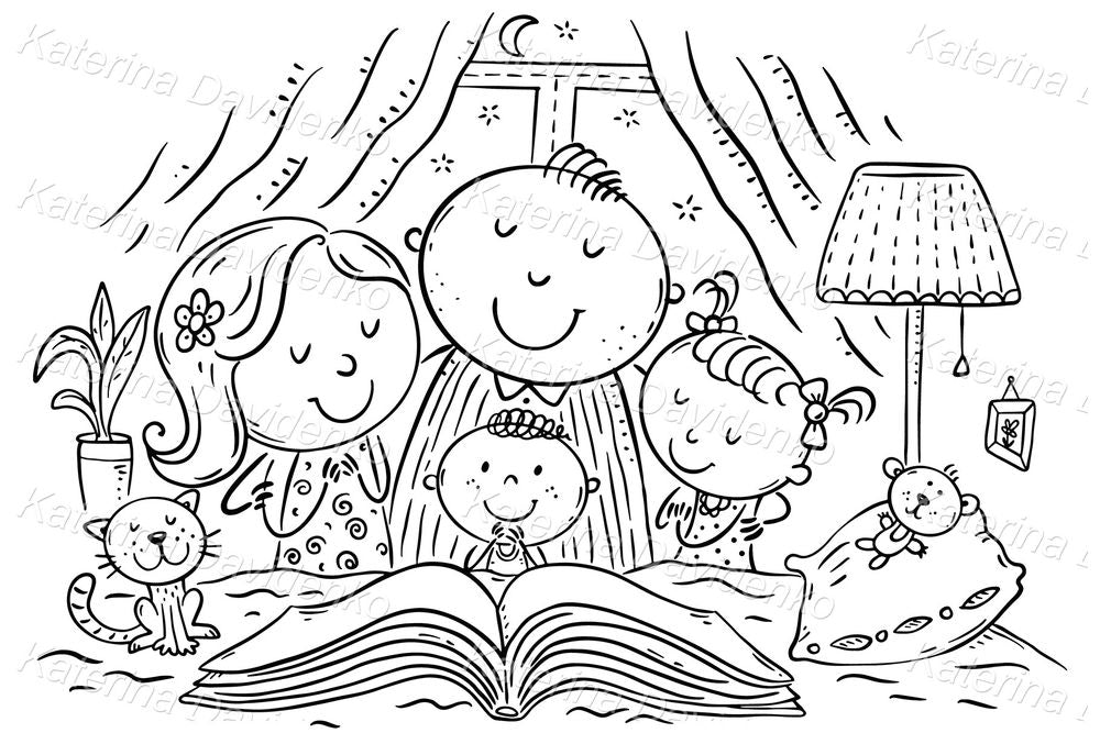 Cartoon family with children praying illustration, Christianity and Religion clipart