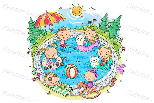 Cute happy kids playing in a swimming pool illustration, summer outdoor activity
