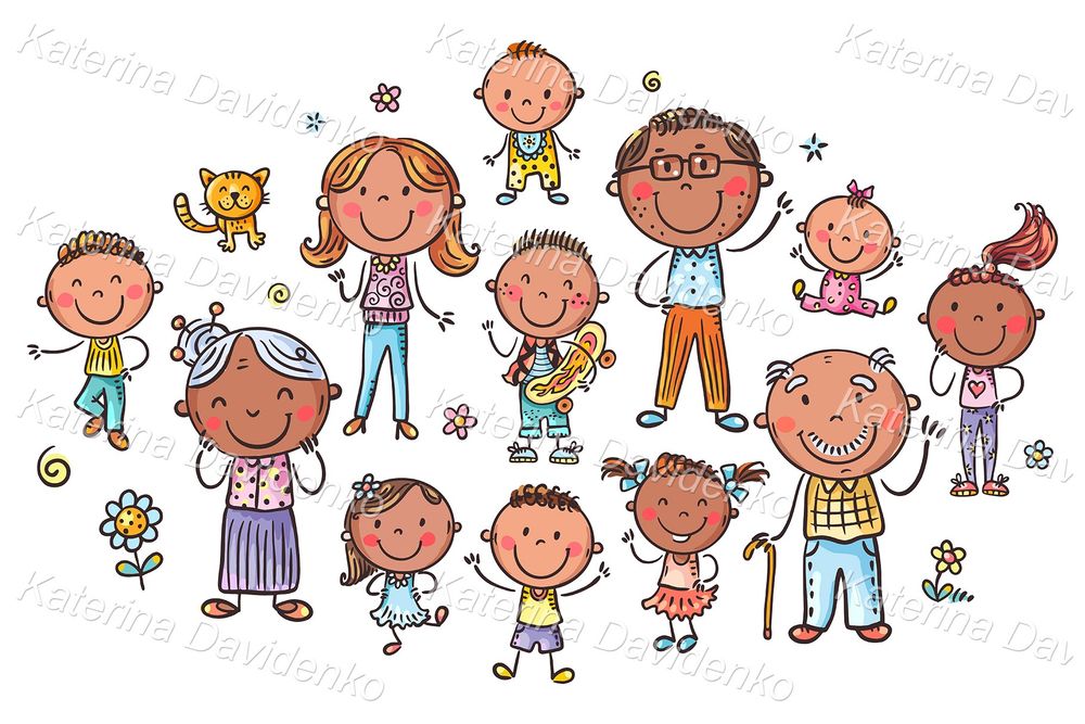 Set of cute cartoon family members clipart, isolated dark skin characters for customizable gifts