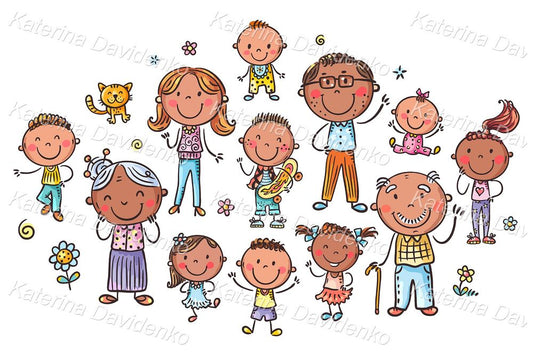 Set of cute cartoon family members clipart, isolated dark skin characters for customizable gifts