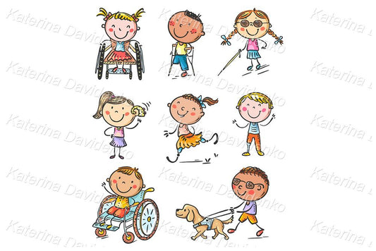 Clipart set of disabled kids with special needs, disability children clip art