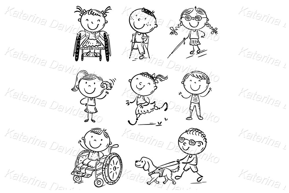 disabled kids with special needs, disability children black and white clipart
