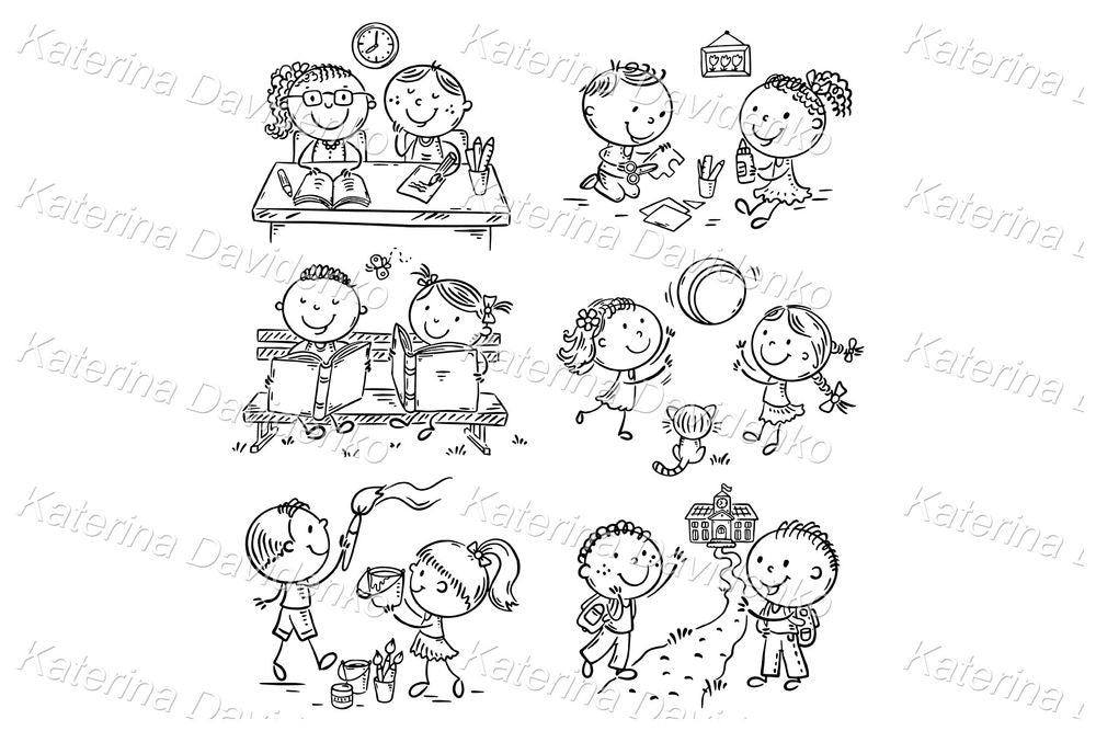 Black and white illustration set of cartoon children common activities clipart