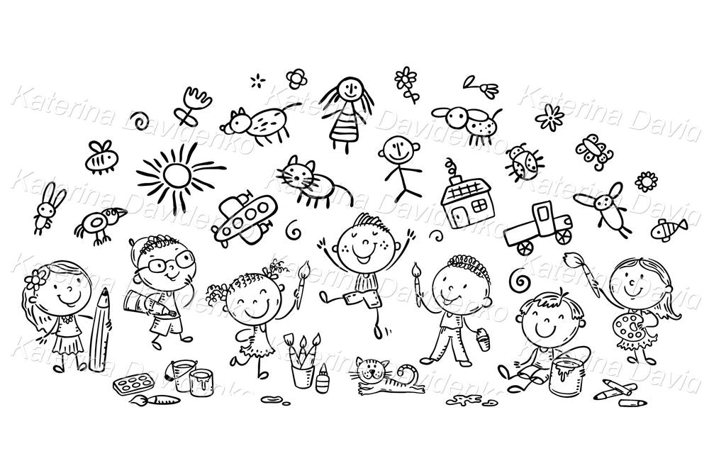 Cartoon kids drawing clipart set. Black and white illustration.