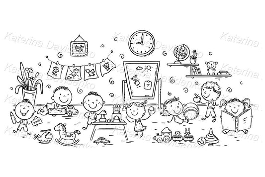 Outline illustration of little kids playing with toys in kindergarten