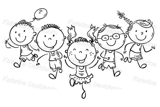 Black and white cartoon kids clipart. Funny little children running 