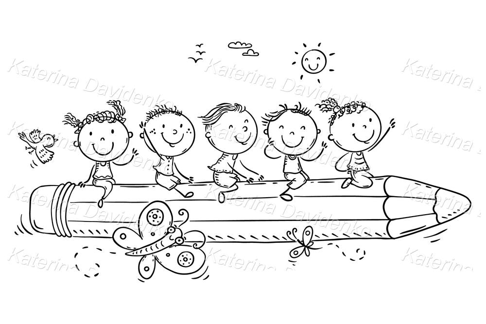 schoolkids and giant pencil cartoon clipart