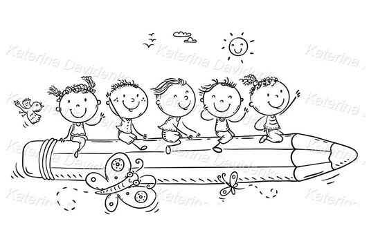 schoolkids and giant pencil cartoon clipart