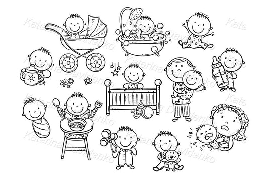 Cartoon baby clipart set. Black and white illustration. Baby doodle images, outline infant clipart