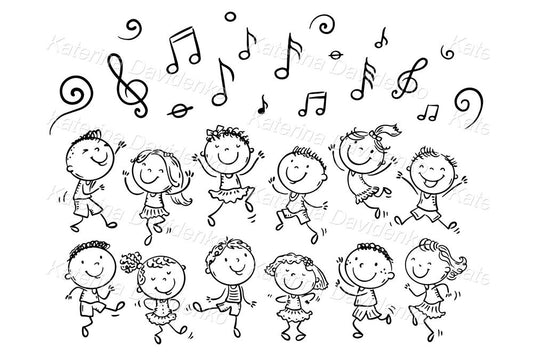 Outline doodle kids dancing, black and white clipart set